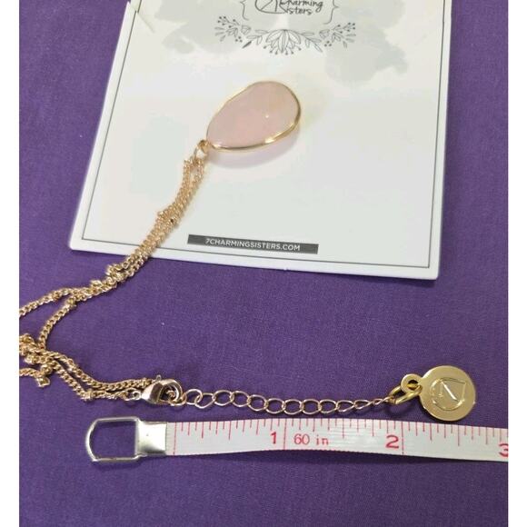 Rose Quartz Teardrop Pendant Necklace On Gold Tone Satellite Station Chain - Picture 6 of 9
